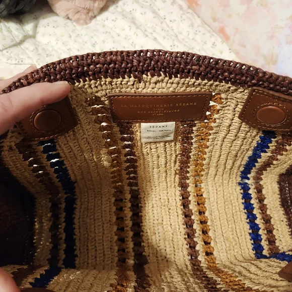 Sezane Raffia Clutch Bag In Brown, Ecru, & Blue - Picture 7 of 7
